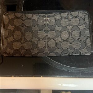 Coach Black and Gray Signature Zip Wallet
